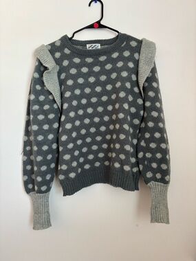 Vintage Clovis Ruffin Polka Dot Ruffle Shoulder Sweater - Gray and Cream